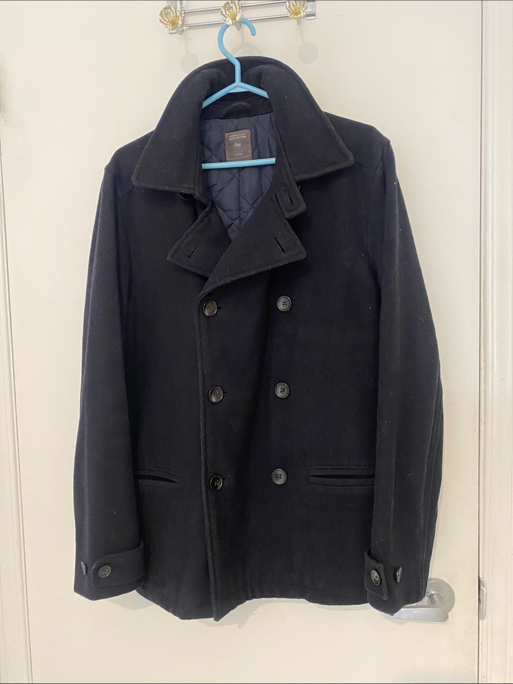 Gap Classic men’s Navy Blue wool blend pea coat double breasted Size Large